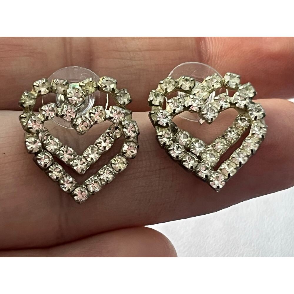 VTG Y2K Double Hearts Rhinestone Stud Earrings Bling Glam Sparkle